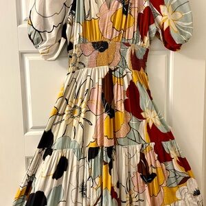 Anthropologie Floral Tiered Midi Dress in White, Yellow & Red